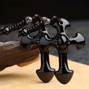 TEMU 흑요석 십자가 행운의 부적 보호 펜던트 목걸이 2개, 구슬 체인 블랙 인조 보석 부적 주얼리, 남성 및 여성용 선물