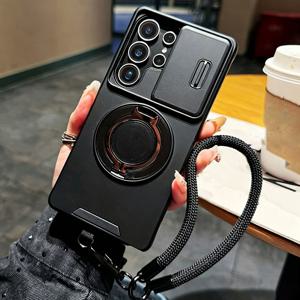 TEMU 휴대폰 케이스 - 충격 방지 360° 회전 링 홀더 차량용 마그네틱 흡착 홀더 무광 텍스처 카메라 풀 카메라 보호 휴대폰 케이스 (삼성 갤럭시 S26 울트라, S25 울트라, S24 울트라, S23 울트라, S22 울트라 범퍼 보호 커버, 끈 포함)