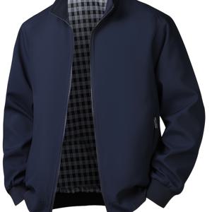 남성용 경량 봄/가을 캐주얼 재킷, 스탠드 칼라 , 지퍼 포켓, 탄성 커프스, 체크 안감, 스타일리시한 클래식 단색 지퍼업 디자인, 일상적인 캐주얼 웨어 및 출퇴근에 적합