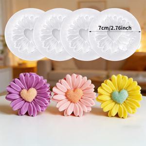TEMU 재사용 가능한 3D 하트 데이지 & 국화 몰드 4개 세트 - 왁스, 비누, 레진, 석고, 점토 공예용 | DIY 캔들 만들기, 웨딩 장식, 수제 선물용 다중 꽃잎이 있는 사실적인 꽃잎 디자인, 가정용 간편한 탈형