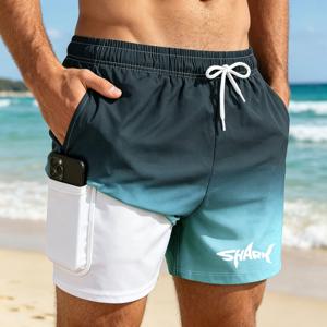 TEMU 남성용 새로운 그라데이션 컬러 드라이 스윔 쇼츠 - 수영, 서핑, 헬스, 여행용 경량 비치 쇼츠 - 기계 세탁 가능 폴리에스터 남성 수영 반바지, 안감 있는 여름 비치웨어, 편안한 조절식 허리