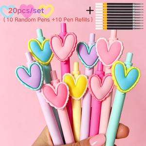 TEMU 하트 모양 젤펜 20개/세트, 랜덤 펜 10개 + 리필심 10개 포함, 검정 잉크, 0.5mm, 결혼식 파티, 사무용 문구, 동료 및 선생님 생일 선물용
