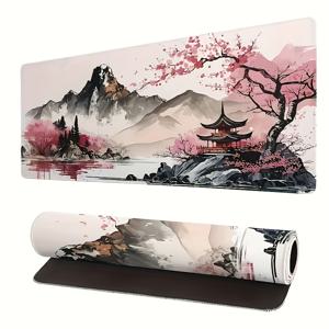 TEMU 대형 일본식 게이밍 마우스 패드 & 데스크 매트 1개 - 확장형 키보드 패드 31.5x11.8인치, 미끄럼 방지 베이스 포함, 벚꽃 패턴 사무실 장식 - 핑크 벚꽃, 탑, 산 풍경의 부드러운 수채화 디자인, PC, 사무실, 게이밍 환경에 적합 - 작업 공간 장식, 재택 사무실, 매끄러운 표면, 미적 감각 애호가용