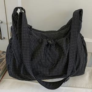 TEMU Special CAHVIN KOEINZ 여성용 숄더백, 일본 스타일 릴랙스 체크무늬 드로스트링 신치 크로스백, 조절식 숄더 스트랩 포함, 학생들이 교과서 및 노트북을 들고 수업에 가기용 다용도 캐주얼 통근 쇼핑백