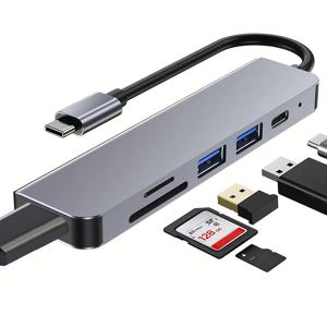 TEMU Type-C 허브 멀티포트 어댑터 6-In-1 USB-C 동글 (4K HDTV, 87W PD, 2 USB 3.0, SD/TF 카드 리더기 지원, 맥북 프로/에어, 아이패드 프로, 델, HP 및 기타 USB Type-C 장치 호환)