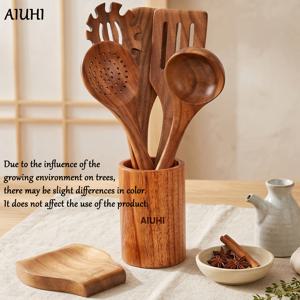 AIUHI 7피스 나무 주방용품 세트, 나무 요리용 숟가락, 나무 홀더, 나무 스파게티 숟가락 등, 내열성 내구성 나무 조리도구