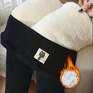 TEMU 여성용 겨울 플러시 안감 보온 요가 팬츠, 높은 신축성, 캐주얼, 활용도 높은, 하이웨이스트, 아이릿 복부 패널 포함, 가을/겨울용, 고양이 애호가를 위한 이상적인 선물