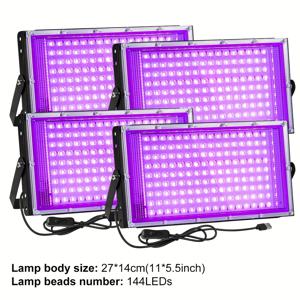 TEMU 4팩 96/144LED UV 블랙 라이트, USB 플러그 및 스위치 포함 투광 조명, 385-400Nm, 할로윈 파티, 어둠 속에서 빛나는, 무대 조명, 바디 페인트, 형광 포스터, 네온 글로우용