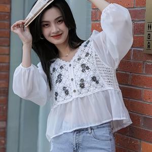 여성용 프렌치 스타일 쉬폰 패치워크 버블 블라우스 상의 - 크로셰 레이스 홀아웃넥 반팔 셔츠, 비침 없는 패치워크 버블 소매 블라우스, 캐주얼웨어용, 사계절 레이어링 아이템 (가슴 패드 없음)