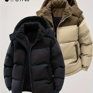 TEMU 겨울 남성용 두꺼운 재킷, 패치워크 코듀로이 후드 패딩 코트, 겨울 따뜻한 방한 이지 캐주얼 남성용 재킷 패딩 코트 의류