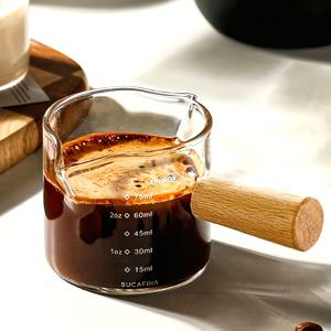 TEMU SHAON 나무 손잡이 더블 스파우트 유리 컵, 3.5oz/100ml 투명 우유 거품기 와인 잔, 커피 머신 액세서리, V자형 스파우트 듀얼 스케일, 우유 거품기, 투명 유리 커피 액세서리