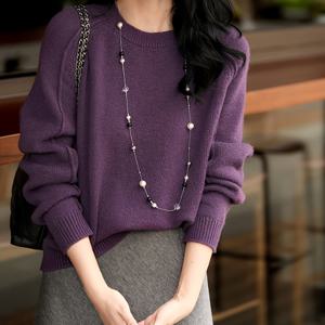 TEMU 퍼플 라운드넥 긴팔 스웨터 여성용 봄 신상 캐주얼 하이엔드 느낌 부드럽고 편안한 다용도 풀오버 베이스 레이어