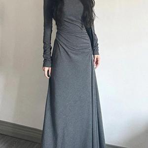 여성 춘추동계절 데일리 라운드 패션 롱 슬림핏 긴팔 주름 솔리드 허리 조임 민자 무릎 통과 원피스 데이트룩 슬림소녀