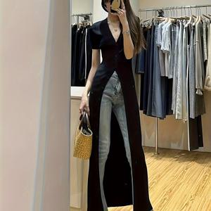 TEMU 여성 브이넥 슬릿 맥시 원피스 반팔 슬림핏 트임 단추 롱가디건 레이어드 날씬해보이는 쿨링 시원한 찰랑거리는 꾸안꾸 페미닌 블랙