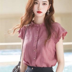 TEMU 여성 프릴넥 반팔 블라우스 요루 시어서커 셔츠 캡소매 날개소매 루즈핏 체형커버 날씬해보이는 페미닌 하객룩 데이트룩 출근룩 바캉스 핑크