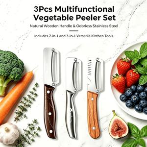 TEMU 천연 원목 손잡이 3종 다기능 필러, 파 슬라이서, 풀스틸 필링 나이프, 인조목 물결무늬 손잡이 스크레이퍼. 사탕수수, 파인애플, 양배추 야채 필러. 가정용 주방 도구, 과일 및 채소 필러, 韧한 껍질 스크레이퍼, 조리도구 필링 도구