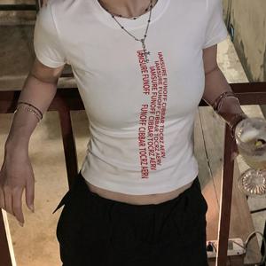 여성 레터 패턴 프린트 일본 스타일 티셔츠, 여름 슬림핏 반팔 상의