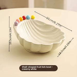 TEMU 1세트, 7개 포함, 포크 6개 및 세라믹 조개껍질 그릇 1개. 스테인리스 스틸 디저트 및 과일 포크, 휴대용 디저트 커틀러리—과일 디저트에 적합—가정용 및 호텔 선물용으로 이상적