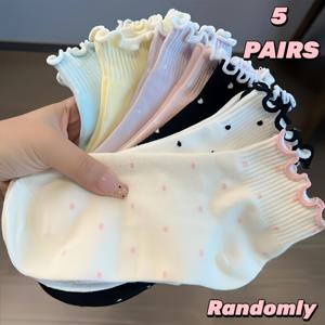 TEMU 나무 귀걸이 레이스 숏 삭스 5/7켤레, 여성용 종아리 양말, 여름 컬러 여성용 양말, 여러 색상 랜덤 배송, 부드럽고 흡습성 좋음, 일상 및 야외 활동용
