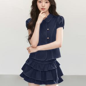 TEMU 여름 신상 인형 칼라 퍼프 소매 허리 집어넣는 숏 탑 & 하이웨스트 케이크 숏 스커트 투피스 세트