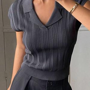 TEMU 빈티지 폴로 칼라 골지 반팔 탑, 크롭 V넥, 슬림핏 & 강조, 우아한 출퇴근룩 올매치, 프렌치 젠틀 니트웨어, 여름 Y2K 바디콘 베이스 셔츠