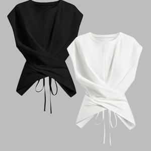 TEMU 봄/여름 여성용 상의 2개 세트, 캐주얼 출퇴근용 크로스 프론트 디자인, 가볍고 통기성 좋은 원단, 민소매 뒷면 끈 타이 탑, 얇은 라운드 넥 단색 티셔츠, 슬림핏 허리가 조이는 크롭 베스트