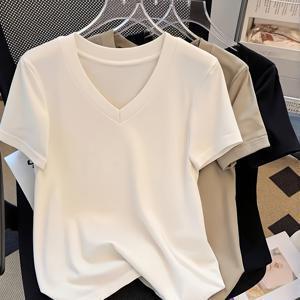 TEMU 플러스 사이즈, OYTR 여성용 플러스 사이즈 브이넥 티셔츠 3개 세트 - 단색 반팔 블라우스 3개, 비침 없는 비침 없는 기계 세탁 가능 스트레치 원단, 봄/여름 레이어링용, 캐주얼 & 드레시 의상, 베이직 옷장용