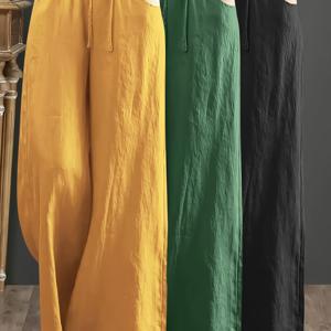 TEMU 패치 포켓 디자인, 탄력성 허리밴드, 앞면 타이 여성용 와이드 레그 팬츠 3pcs