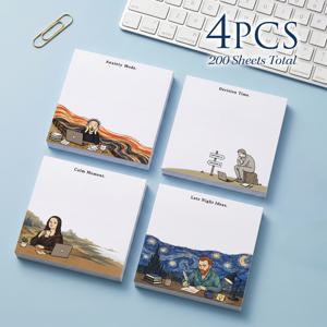TEMU 4개 200매 총 200장 유명 아트 스타일 스티커 메모, 75X75mm 3X3인치, 웃긴 감정 표현 메모 패드, 반 고흐 자가 점착 리마인더 메모, 사무실 학교 가정 책상 용품