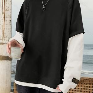 라운드넥 2-in-1 룩 스웨트셔츠 남성용 봄/가을 신상 루즈핏 다용도 캐주얼 긴팔 컬러 블록 티셔츠 탑