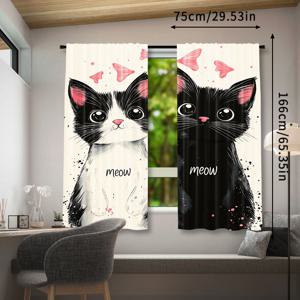 2개, 귀여운 그림 만화 검은 고양이와 흰 고양이, 고양이 거실 커튼, 흑백 침실 커튼, 거실 욕실 장식 커튼