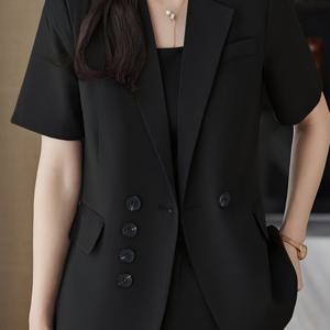 TEMU 피어 블랙 엘레강스 미드 레인지 2025 봄 여름 신상 템페라멘트 디자인 패션 통기성 포켓형 출퇴근 탑, 느낌 영국 스타일 허리 집어넣는 얇은 반팔 프로페셔널 여성용 피코트
