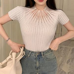 TEMU 세미 하이넥 반팔 탑, 리브드 텍스처, 시스루 메쉬 넥라인, 라인스톤 장식. 슬림핏과 몸매 커버, 섹시하고 우아한 디자인으로 파티, 데이트, 일상에서도 돋보이는 아이템