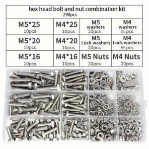 290개 헤비 듀티 플랜지 볼트 및 너트 키트, M4 M5, 스틸 미터법 육각 플랜지 나사 너트 세트, 안전한 고정을 위한 15가지 가장 일반적인 사이즈 모음