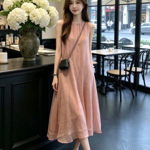 2026년 신상 스모크 핑크 A라인 드레스 프렌치 스타일 민소매 우아한 해변 바캉스 여름 데일리 여성용