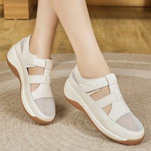 TEMU 여성 망사 샌들 키높이 통굽 5CM 발편한 여성 샌들 여름 펀칭 슬립온 키높이 스니커즈 쿠션 시원한 신발 여성 통기성 슬립온 여성 통굽 구두 엄마 샌들