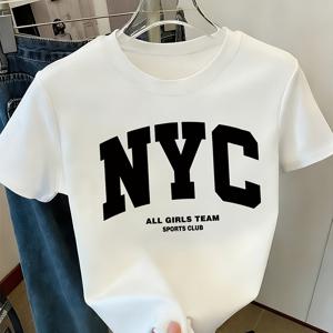 여성용 NYC 레터링 프린트 반팔 티셔츠, 봄 여름 캐주얼 라운드넥 상의