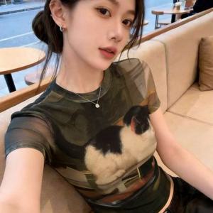 TEMU 여름 레트로 다용도 고양이 프린트 반팔 티셔츠 여성용 신상 스파이시룩 매우 멋진 유니크 슬림 숏 탑