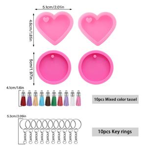 24개 (모양 4개, 모양 10개, 태슬 10개) 실리콘 레진 몰드 세트, 하트 및 원형 모양 에폭시 레진 캐스팅 몰드 (주얼리 펜던트 키체인 몰드용), 분해 용이, 투명한 미술 제작 몰드, 공예, 주얼리 제작 용품에 사용
