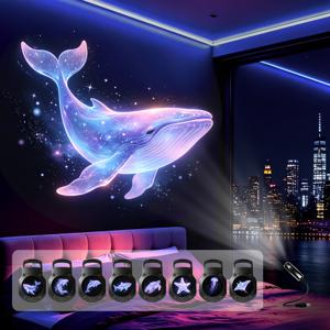 TEMU 이 드림라이크 해양 생물 프로젝터 조명은 거북이, 고래, 할리비 등이 특징입니다. USB 전원으로 작동하며 침실 천장 장식 또는 침대 옆 무드등으로 사용하여 몰입형 수중 분위기를 연출할 수 있습니다.