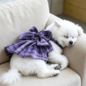 TEMU 보라색 체크무늬 강아지 하네스 및 리드 포함 드레스 1개 세트, 소형견용, 리본 매듭 목걸이 하네스 및 리드 포함, 손세척 가능한 치와와, 요키 강아지용 드레스, 산책 및 일상 착용에 적합한 스타일리시한 반려동물 의류