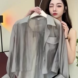 TEMU 여성 프렌치 그레이 반팔 경량 셔츠, 여름 캐주얼 출퇴근용 스몰 사이즈 쉬폰 루즈핏 얇은 아우터 셔츠