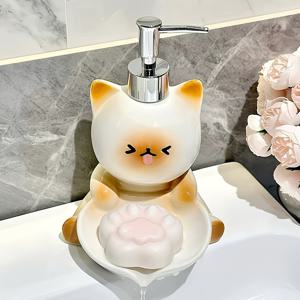 TEMU 2-in-1 샴고양이 비누 디스펜서 & 배수 접시 - 재충전 가능한 무프탈레이트 세라믹 로션 펌프, 고양이 애호가용, 카와이 욕실 세면대 정리함, 싱크대 카운터용 독립형 욕조, 설치 불필요