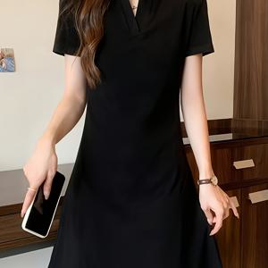 TEMU 여성용 캐주얼 폴로 카라 원피스, 여름 한국 스타일, 우아한, 몸매 보정, 블랙 반팔 티셔츠 원피스