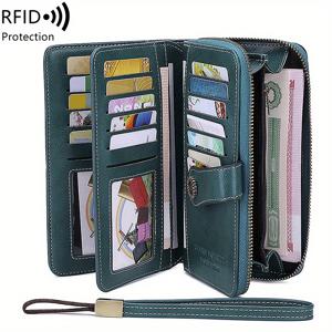 다기능 RFID 차단 롱 지갑 - 대용량 빈티지 단색 동전 지갑 지퍼 및 손목끈 멀티 카드 슬롯 롱 클러치 지갑 카드 거치대