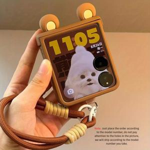 갈색 색상으로 된 매트 브라운 힌지 쉘 + DIY 3D 고양이 귀 + 휴대용 스트랩 폰 케이스, 갤럭시 Z 플립 7, 갤럭시 Z 플립 6, 갤럭시 Z 플립 5, 갤럭시 Z 플립 4, 및 갤럭시 Z