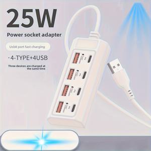 TEMU 고속 충전 8포트 USB 허브 (USB-A 4개 + PD 포트 4개) - 25W 전력 공급, 맥북, PC, 태블릿, 스마트폰용 소형 USB 전원 확장 - USB-C 장치 호환, 가정/사무실용 내구성 좋은 화이트 디자인, 멀티 USB 허브