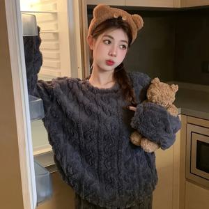 TEMU 2pcs 세트, 코랄 플리스 파자마 여성용 가을 겨울 플란넬 따뜻한 홈웨어 겉옷 두꺼운 롱 로브 캐주얼 가디건 세트
