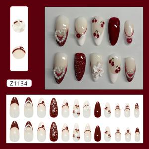 TEMU 24개 분리형 네일 아트 세트 (3D 프렌치 리본, 체리, 하트, 그라데이션, 빈티지 스타일, 유럽-미국 스타일)