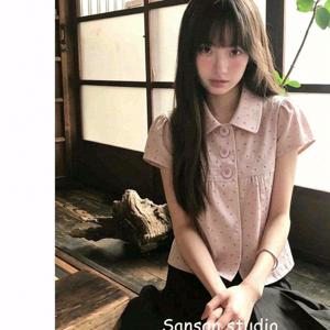 TEMU 2026년 신상 핑크 폴카 도트 블라우스, 대학 한국 스타일 슬림핏 슬리밍 스위트 턴다운 칼라 반팔 여름 상의